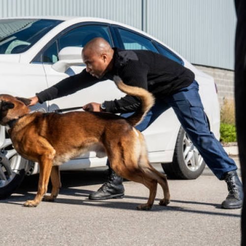 K-9 security professional checking a vehicle with a trained sniffer dog.   Real people, trained K9 and security professionals.